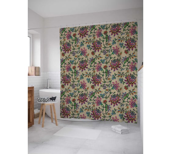 Штора (занавеска) для ванной JoyArty "Цветочный узор" из сатена, 180х200 см с крючками, sc_79816 1