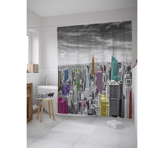 Штора (занавеска) для ванной JoyArty "Небоскребы в красках" из сатена, 180х200 см с крючками, sc_7978