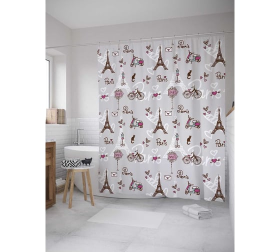 Штора (занавеска) для ванной JoyArty "Парижская романтика" из сатена, 180х200 см с крючками, sc_8695