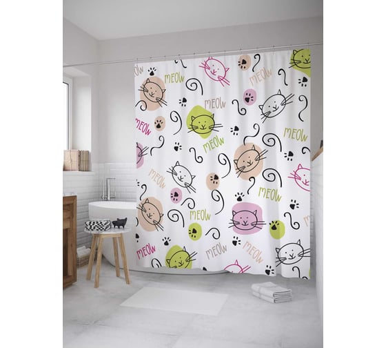 Штора (занавеска) для ванной JoyArty "Кошачьи следы" из сатена, 180х200 см с крючками, sc_9637 1
