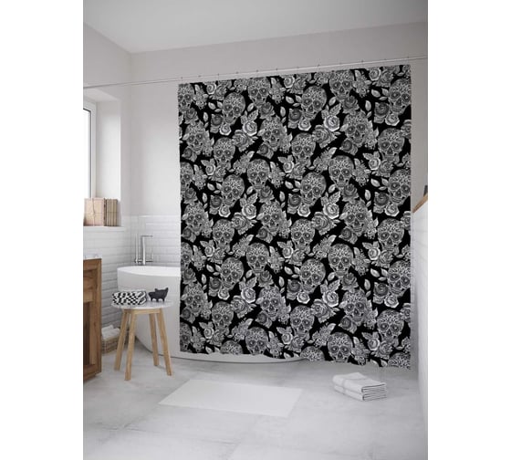Штора (занавеска) для ванной JoyArty "Цветы и черепа" из сатена, 180х200 см с крючками, sc_8633 1
