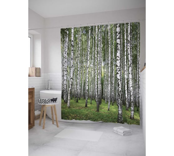 Штора (занавеска) для ванной JoyArty "Березовый край" из сатена, 180х200 см с крючками, sc_9336 1