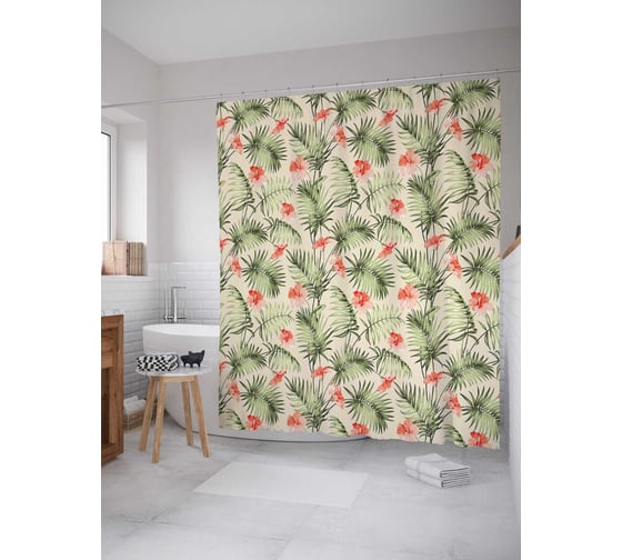 Штора (занавеска) для ванной JoyArty "Цветущий папоротник" из сатена, 180х200 см с крючками, sc_56239 1