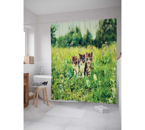 Штора (занавеска) для ванной JoyArty "Котята с пузырями" из сатена, 180х200 см с крючками, sc_6569 1