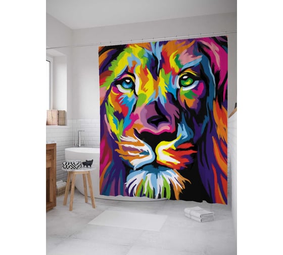 Штора (занавеска) для ванной JoyArty "Лев в ярких красках" из сатена, 180х200 см с крючками, sc_78580 1