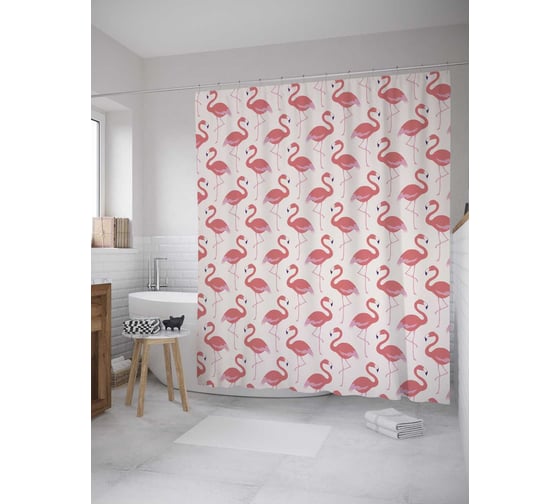 Штора (занавеска) для ванной JoyArty "Окружение фламинго" из сатена, 180х200 см с крючками, sc_9039 1