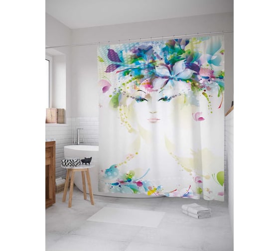 Штора (занавеска) для ванной JoyArty "Нарисованная девушка с цветами" из сатена, 180х200 см с крючками, sc_5020 1