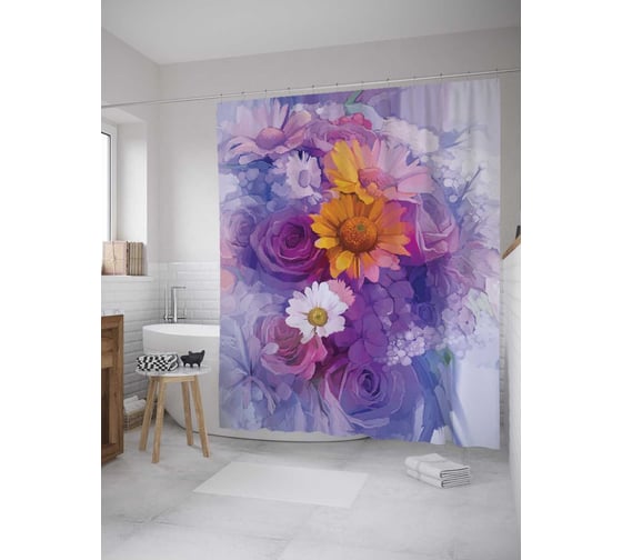 Штора (занавеска) для ванной JoyArty "Цветочная гармония" из сатена, 180х200 см с крючками, sc_9130 1