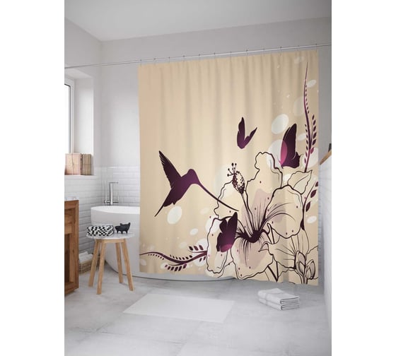 Штора (занавеска) для ванной JoyArty "Птичка колибри на цветке" из сатена, 180х200 см с крючками, sc_66176 1
