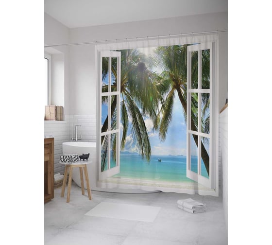 Штора (занавеска) для ванной JoyArty "Пальмовое окно" из сатена, 180х200 см с крючками, sc_8105 1
