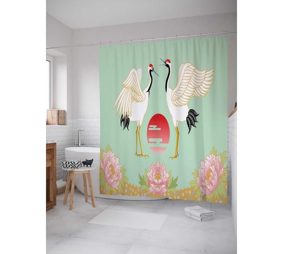Штора (занавеска) для ванной JoyArty "Японский журавль" из сатена, 180х200 см с крючками, sc_59497 1