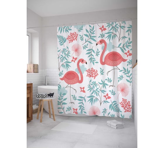 Штора (занавеска) для ванной JoyArty "Осторожные фламинго" из сатена, 180х200 см с крючками, sc_5859 1