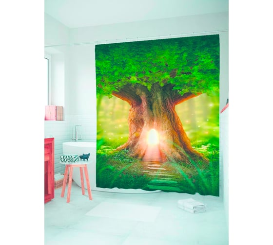 Штора (занавеска) для ванной JoyArty "Дом в дереве" из сатена, 180х200 см с крючками, sc_7620 1