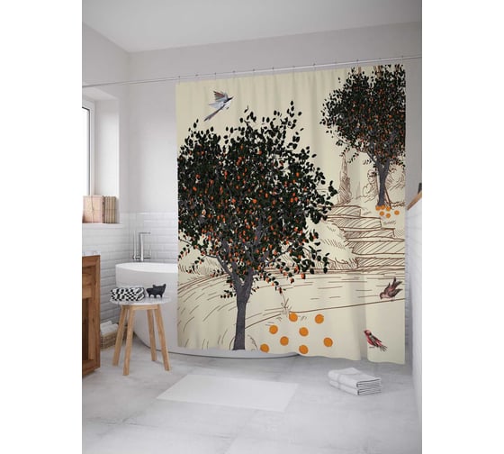 Штора (занавеска) для ванной JoyArty "Городской сквер" из сатена, 180х200 см с крючками, sc_7153