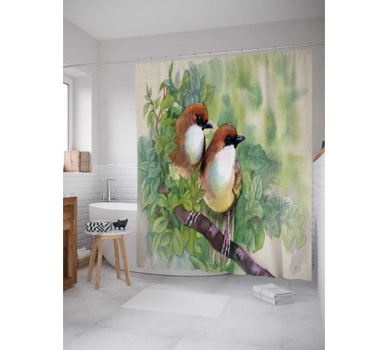 Штора (занавеска) для ванной JoyArty "Птицы на ветке" из сатена, 180х200 см с крючками, sc_66167 1