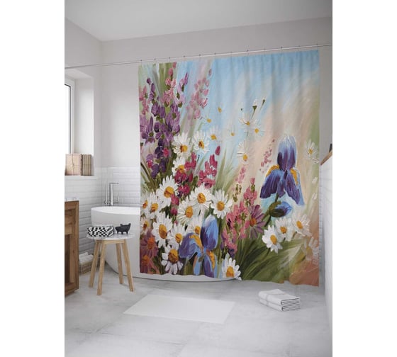 Штора (занавеска) для ванной JoyArty "Цветочное произведение" из сатена, 180х200 см с крючками, sc_9187 1