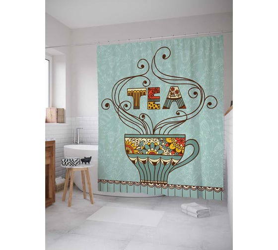 Штора (занавеска) для ванной JoyArty "Чашка чая" из сатена, 180х200 см с крючками, sc_73125