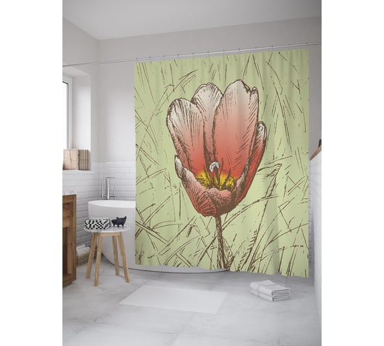 Штора (занавеска) для ванной JoyArty "Тюльпан акварель" из сатена, 180х200 см с крючками, sc_61433 1