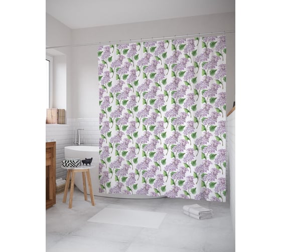 Штора (занавеска) для ванной JoyArty "Ветки сирени" из сатена, 180х200 см с крючками, sc_62745 1