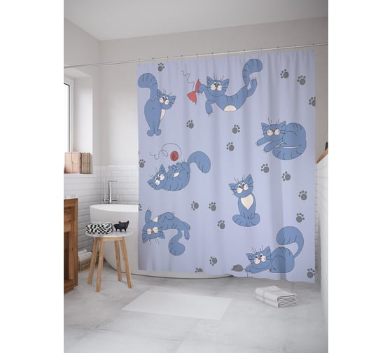 Штора (занавеска) для ванной JoyArty "Кот играет фантиком" из сатена, 180х200 см с крючками, sc_54107 1