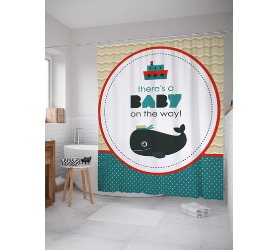 Штора (занавеска) для ванной JoyArty "Кит-моряк" из сатена, 180х200 см с крючками, sc_34594 1