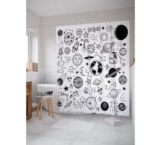 Штора (занавеска) для ванной JoyArty "Астрономические исследования" из сатена, 180х200 см с крючками, sc_54115 1