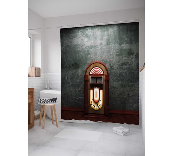 Штора (занавеска) для ванной JoyArty "Проигрыватель в баре" из сатена, 180х200 см с крючками, sc_34592 1