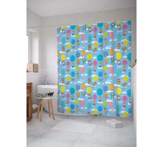 Штора (занавеска) для ванной JoyArty "Звери на шариках" из сатена, 180х200 см с крючками, sc_58069 1