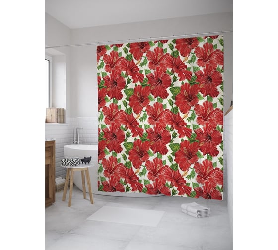 Штора (занавеска) для ванной JoyArty "Яркие цветы тропиков" из сатена, 180х200 см с крючками, sc_52403 1
