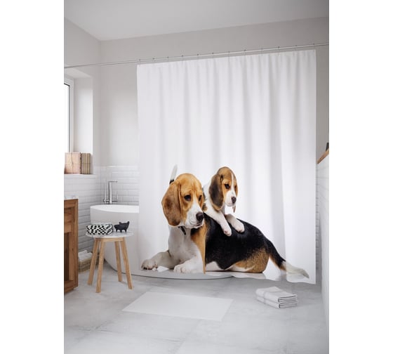 Штора (занавеска) для ванной JoyArty "Щенок с мамой" из сатена, 180х200 см с крючками, sc_58207 1