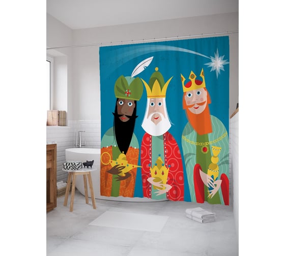 Штора (занавеска) для ванной JoyArty "Три короля" из сатена, 180х200 см с крючками, sc_64288 1