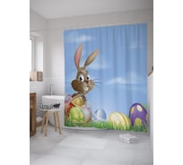 Штора (занавеска) для ванной JoyArty "Заяц с пасхальной корзинкой" из сатена, 180х200 см с крючками, sc_60251