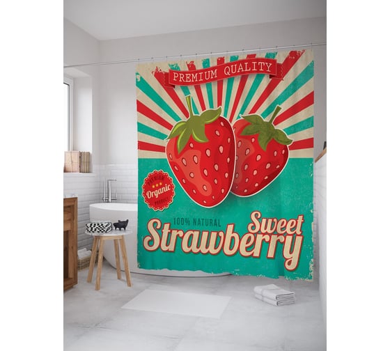 Штора (занавеска) для ванной JoyArty "Сладкая клубника" из сатена, 180х200 см с крючками, sc_62297 1