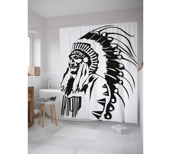 Штора (занавеска) для ванной JoyArty "Эскиз индейца" из сатена, 180х200 см с крючками, sc_33091 1