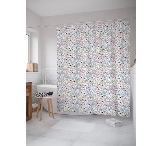 Штора (занавеска) для ванной JoyArty "Яркие цветочки на фоне моно" из сатена, 180х200 см с крючками, sc_54419 1