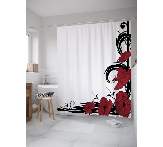 Штора (занавеска) для ванной JoyArty "Маки завитками" из сатена, 180х200 см с крючками, sc_59697 1