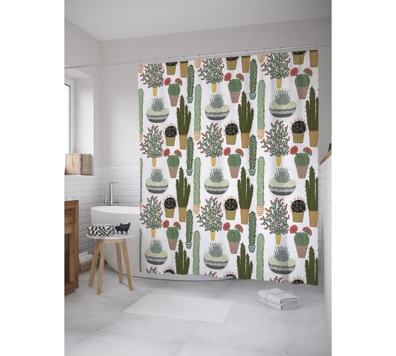 Штора (занавеска) для ванной JoyArty "Домашний растительный уголок" из сатена, 180х200 см с крючками, sc_59457 1
