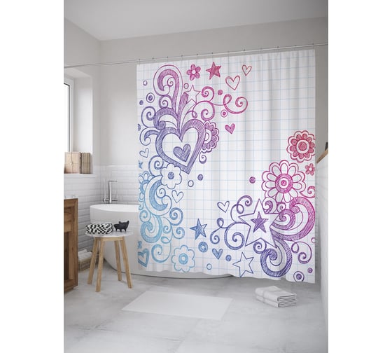 Штора (занавеска) для ванной JoyArty "Рисунок дудл в тетради" из сатена, 180х200 см с крючками, sc_61090 1