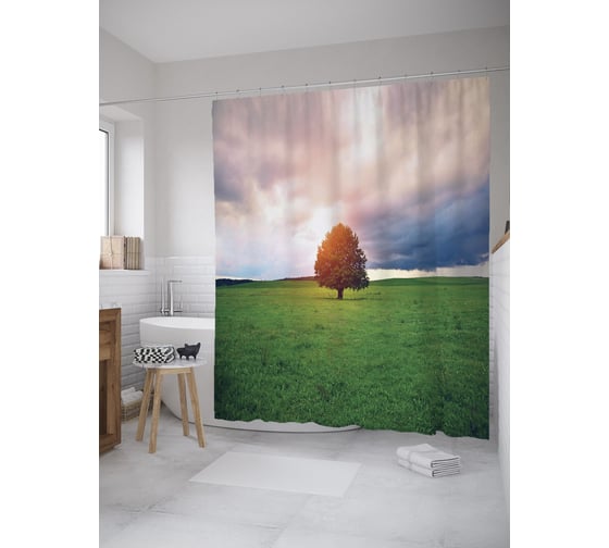 Штора (занавеска) для ванной JoyArty "Одинокое дерево на лугу" из сатена, 180х200 см с крючками, sc_60555 1