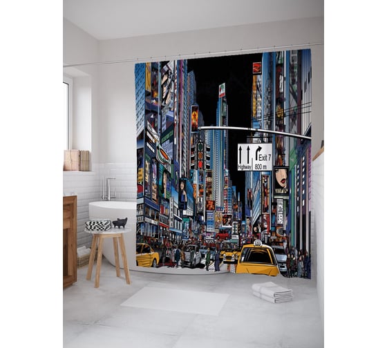 Штора (занавеска) для ванной JoyArty "Город в комиксах" из сатена, 180х200 см с крючками, sc_53133 1
