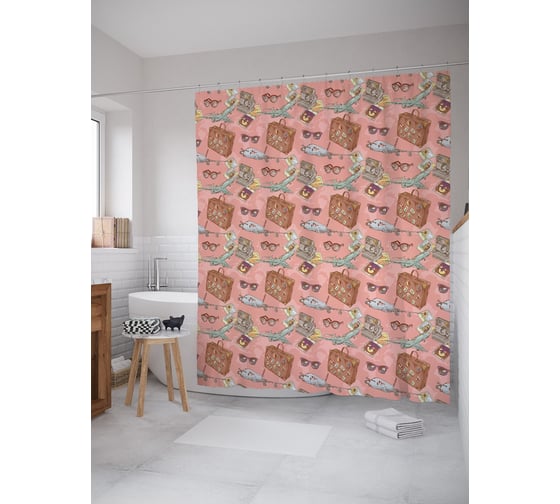 Штора (занавеска) для ванной JoyArty "Самолет и багаж туриста" из сатена, 180х200 см с крючками, sc_53392 1
