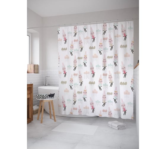 Штора (занавеска) для ванной JoyArty "Зайчиха на качелях" из сатена, 180х200 см с крючками, sc_62501