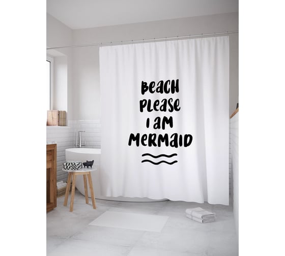 Штора (занавеска) для ванной JoyArty "Пляж, пожалуйста, я русалка" из сатена, 180х200 см с крючками, sc_53310 1