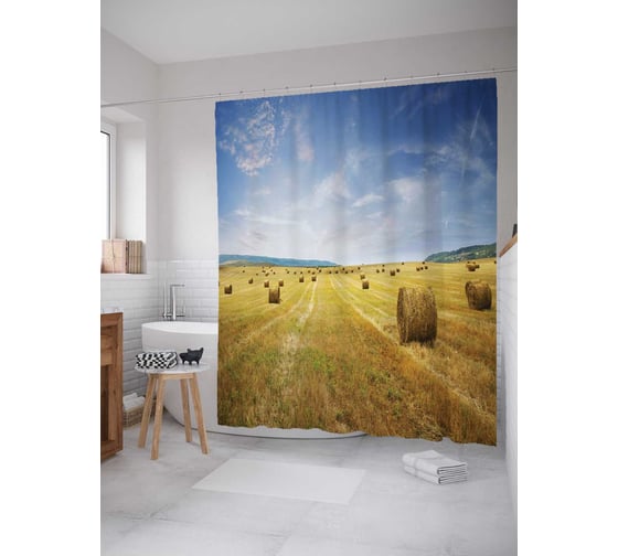 Штора (занавеска) для ванной JoyArty "Круги из сена" из сатена, 180х200 см с крючками, sc_9966