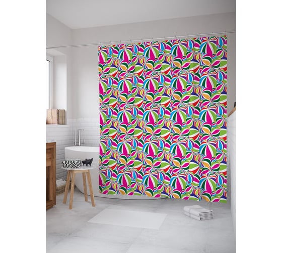 Штора (занавеска) для ванной JoyArty "Полосатые мячи" из сатена, 180х200 см с крючками, sc_63962 1
