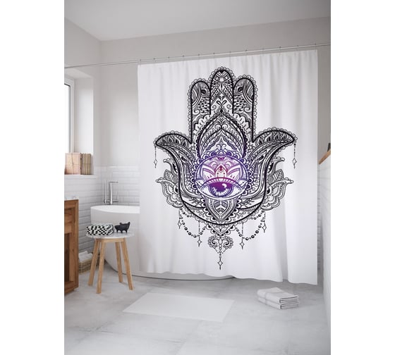 Штора (занавеска) для ванной JoyArty "Индийский стиль хамсы" из сатена, 180х200 см с крючками, sc_64231 1