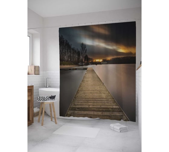 Штора (занавеска) для ванной JoyArty "Деревянный мост" из сатена, 180х200 см с крючками, sc_9159 1