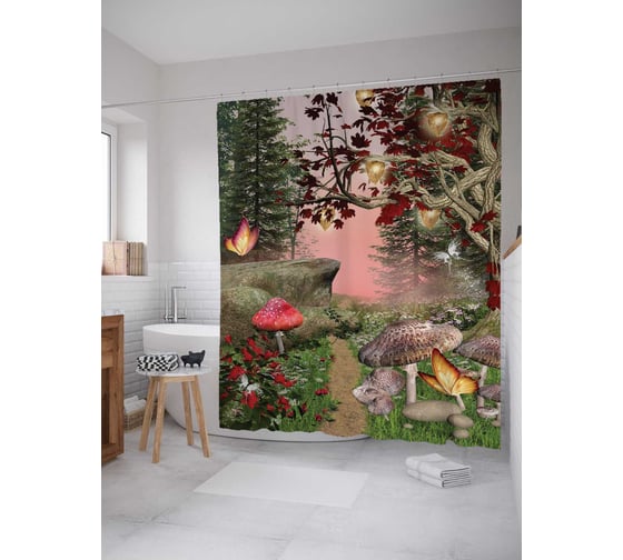 Штора (занавеска) для ванной JoyArty "Волшебный лес" из сатена, 180х200 см с крючками, sc_6527 1
