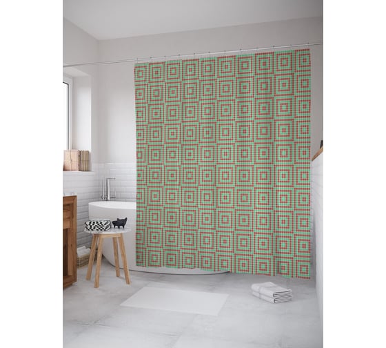Штора (занавеска) для ванной JoyArty "Орнамент из квадратов" из сатена, 180х200 см с крючками, sc_58219 1