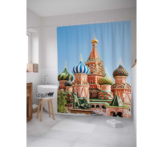Штора (занавеска) для ванной JoyArty "Храм на Красной площади" из сатена, 180х200 см с крючками, sc_7259 1